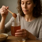 Žena s pohánkovým medom a lyžičkou, prírodná cesta k zdraviu