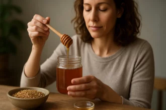 Žena s pohánkovým medom a lyžičkou, prírodná cesta k zdraviu