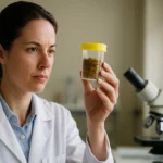 Výskumníčka skúma vzorku celitínu v laboratóriu