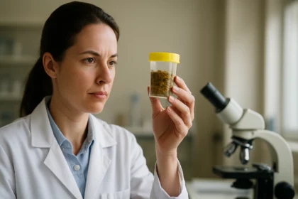 Výskumníčka skúma vzorku celitínu v laboratóriu
