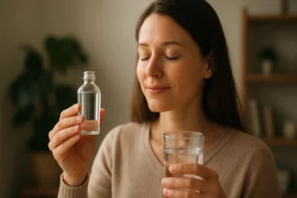 Žena so sklenenou fľašou glycerínu a pohárom vody