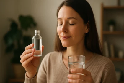 Žena so sklenenou fľašou glycerínu a pohárom vody