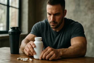 Muž zvažuje užitie L-tyrozínu ako doplnku stravy na zvýšenie výkonu.