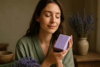 Žena s levanduľovým mydlom v ruke, relaxácia a prírodná starostlivosť o pokožku.