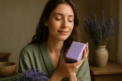 Žena s levanduľovým mydlom v ruke, relaxácia a prírodná starostlivosť o pokožku.