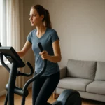 Žena cviči na eliptickom trenažéri v útulnej izbe.