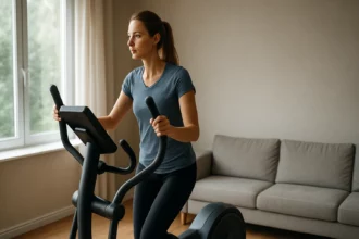 Žena cviči na eliptickom trenažéri v útulnej izbe.