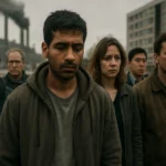 Skupina ľudí s vážnymi výrazmi tváre v mestskej krajine.