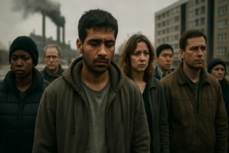 Skupina ľudí s vážnymi výrazmi tváre v mestskej krajine.