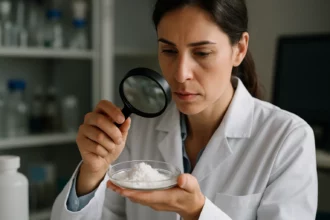 Žena v laboratóriu skúma kroszpovidón pomocou lupy.