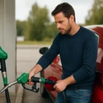 Muž tankuje 98-oktánový benzín do červeného auta na čerpacej stanici.