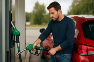 Muž tankuje 98-oktánový benzín do červeného auta na čerpacej stanici.