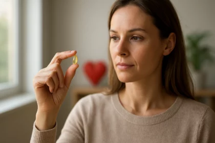 Žena drží kapsulu vitamínu D a uvažuje o jeho účinkoch na zdravie.