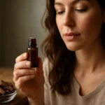 Žena skúma esenciálny olej zo santalového dreva a jeho účinky