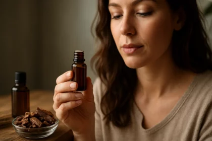 Žena skúma esenciálny olej zo santalového dreva a jeho účinky