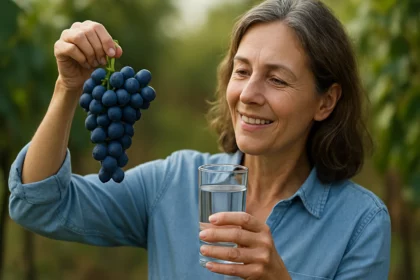 Žena drži hrozno a pohár vody na pozadí vinice.