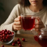 Žena drží pohár čaju z brusnice močiarnej s bobuľami brusnice na stole.