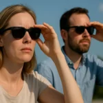 Pár s slnečnými okuliarmi chráni svoj zrak pred UV žiarením.