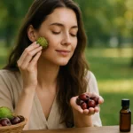 Žena z aplikovaním pagaštanu na tvár, zdravie a krása ľahko a prirodzene.