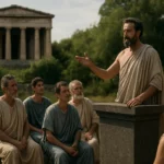 Historická scéna aténskej demokracie s rečníkom a poslucháčmi.