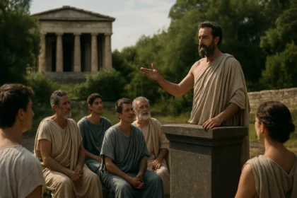 Historická scéna aténskej demokracie s rečníkom a poslucháčmi.