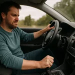 Muž za volantom vozidla s ťažkým výrazom tváre pri radení sekvenčnej prevodovky.