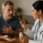 Lekár vysvetľuje diuretika pacientovi so srdcovými problémami.