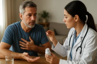 Lekár vysvetľuje diuretika pacientovi so srdcovými problémami.