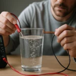 Muž vykonáva experiment s vodou a elektrickým prúdom