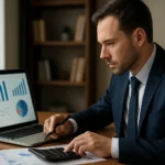 Muž v obleku analyzuje finančné údaje na notebooku