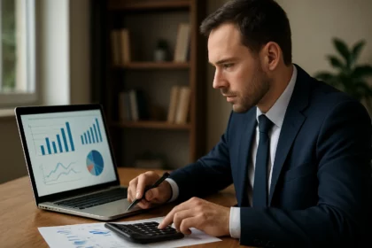 Muž v obleku analyzuje finančné údaje na notebooku