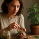 Žena drží konopné semienka a skúma ich v sklenenej miske.