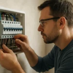 Muž kontroluje automatický istič v elektrickej rozvodnej skrini.