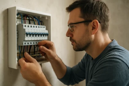 Muž kontroluje automatický istič v elektrickej rozvodnej skrini.