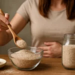 Žena s lyžicou psylliumu, ktorý podporuje trávenie a zdravie čriev.