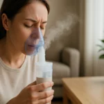 Žena používa ultrazvukový inhalátor pre zdravé dýchanie.