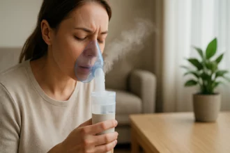 Žena používa ultrazvukový inhalátor pre zdravé dýchanie.