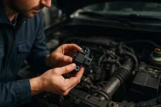 Mechanik kontroluje MAP senzor v motorovom priestore auta.