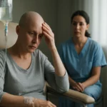 Pacientka počas chemoterapie s vedľajšími účinkami v nemocnici.