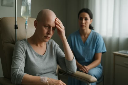 Pacientka počas chemoterapie s vedľajšími účinkami v nemocnici.