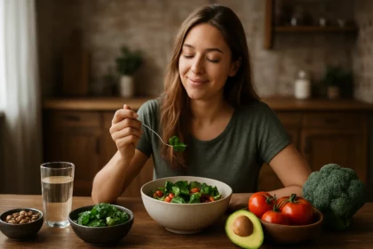 Žena si vychutnáva zdravý šalát s čerstvou zeleninou.