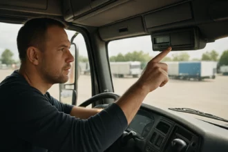 Vodič kontroluje kotúčový tachograf v nákladnom aute