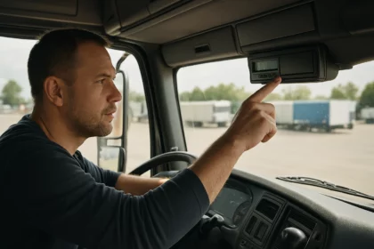 Vodič kontroluje kotúčový tachograf v nákladnom aute