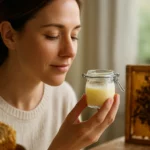 Žena obdivujúca včelí materský kašičku v sklenenej nádobe