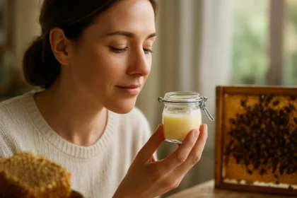 Žena obdivujúca včelí materský kašičku v sklenenej nádobe