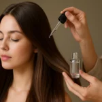 A woman applying glycerin to hair for hydration and shine.