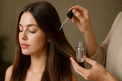 A woman applying glycerin to hair for hydration and shine.