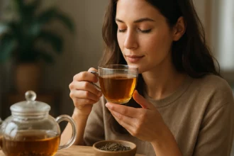 Žena vychutnáva šálku rebríčkového čaju na relaxáciu a zdravie.