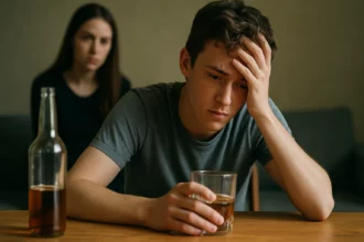 Mladý muž s alkoholom trpiaci následkami alkoholu v mladom veku.