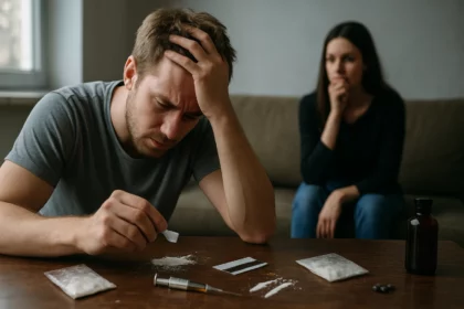 Muž zaoberajúci sa drogami s ženou v pozadí, zachytáva účinky narkotík.